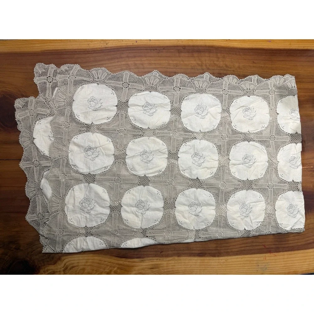 Vintage Antique Tablecloth Cotton Madeira With filet & Crochet lace LINEN E3-5